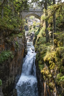 Pirenelerdeki yemyeşil ağaçların çerçevelediği pürüzsüz kayaların üzerinden büyüleyici bir şelale akar ve Pont dEspagne yakınlarındaki çevrenin huzur dolu özünü yakalar..