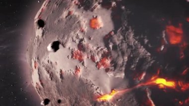 Derin uzayda asteroitleri olan ölmekte olan gezegen. Ölü gezegenin sinematik görüntüsü, 4K. 2024