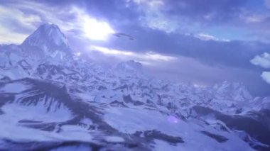 Uzaylı UFO filosu karlı dağların üzerinden uçuyor. Kameralar karlı kara gezegeninin üzerinde hızla uçuyor. 4K, 2024.