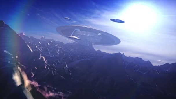 Ulkomaalainen Ufo Lautaset Lentävät Kohti Emoalus Ulkomaalainen Maisemaalien Scifi Fantasia — kuvapankkivideo