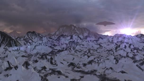 Farfurie Masivă Care Zboară Spre Cameră Peisaj Zăpadă Concept Fantezie — Videoclip de stoc