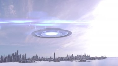 New York gökdelenlerinin üzerinde büyük UFO (3d animasyon) Uzaylı bilim kurgu fantezi konsepti, 4K, 2024