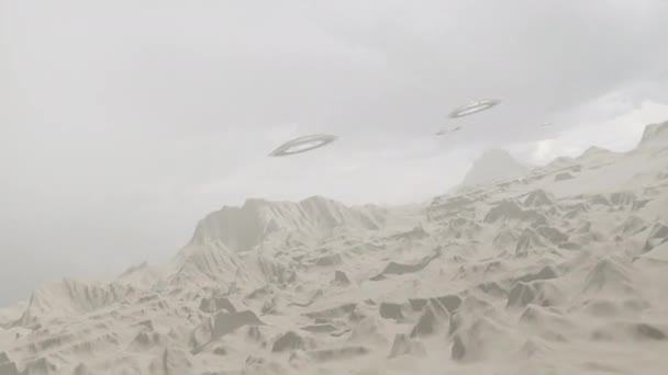 Флот Нло Швидко Літає Над Пустельним Пейзажем Інопланетна Концепція Наукової — стокове відео