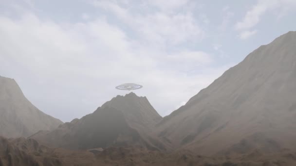 Nagy Űrhajó Ufó Csészealj Felszáll Hegy Mögöttidegen Sci Fantasy Koncepció — Stock videók