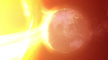 Büyük turuncu kara delik, uzaylı gezegen 3D 'sini emiyor. Büyük kara deliğin gezegenleri çekmesi, bilim kurgu konsepti, 2024