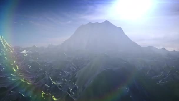 岩山と緑のエイリアン惑星 エイリアン岩の世界の空中3Dレンダリング 2022 — ストック動画
