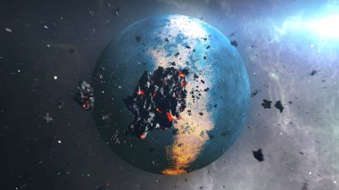 Büyük asteroit ve meteorlar Uzaylı Gezegeni 'ne yöneldi. Dış uzay sineması, 4K, 2024