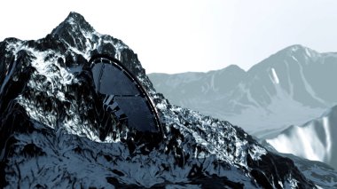 Uçan daire karlı dağın tepesine çakıldı Uzaylı bilim kurgu konsepti, 3D çizim, 4K, 2024