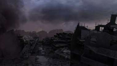 Savaş sonrası yıkılan binalar ile yıkılan şehir, Apocalyptic 'in yıkılan şehri çamurlu bir gün, 4K, 2024