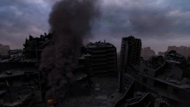 Savaş sonrası yıkılan binalar ile yıkılan şehir, Apocalyptic 'in yıkılan şehri çamurlu bir gün, 4K, 2024