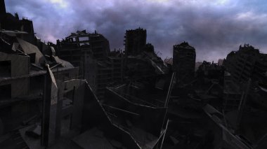 Savaş sonrası yıkılan binalar ile yıkılan şehir, Apocalyptic 'in yıkılan şehri çamurlu bir gün, 4K, 2024