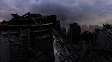 Savaş sonrası yıkılan binalar ile yıkılan şehir, Apocalyptic 'in yıkılan şehri çamurlu bir gün, 4K, 2024