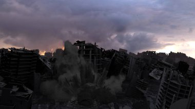 Savaş sonrası yıkılan binalar ile yıkılan şehir, Apocalyptic 'in yıkılan şehri çamurlu bir gün, 4K, 2024