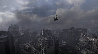 Savaş sonrası yıkılan binalar ile yıkılan şehir, Apocalyptic 'in yıkılan şehri çamurlu bir gün, 4K, 2024