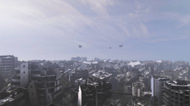 Savaş sonrası yıkılan binalar ile yıkılan şehir, Apocalyptic 'in yıkılan şehri çamurlu bir gün, 4K, 2024