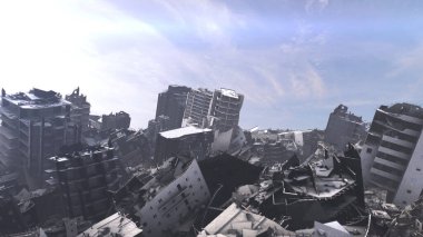 Deprem ve savaştan sonra yıkılan şehir, hava günışığı görüntüsü. Apokaliptik 'in yok edilen şehri sinematik bakış açısı, 4K, 2024.