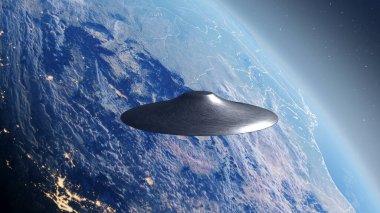 Uçan daire UFO 'su Dünya' yı istila etmeye yakın, bilim kurgu konsepti, 4K, 2024