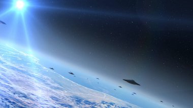 Uzaylı UFO 'sunun filosu Dünya üzerinde uçuyor, uzaylı istilası bilim kurgu konsepti, 4K, 2024