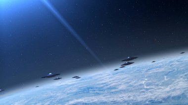 Uzaylı UFO 'nun filosu Dünya üzerinde uçuyor. Uzaylı istilası bilim kurgu konsepti, 4K, 2024