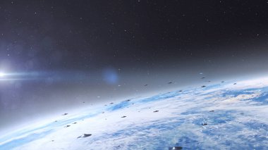 Uzaylı UFO 'su Dünya' nın üzerinde uçuyor Uzaylı istilası bilim kurgu konsepti, 4K, 2024, dış uzay görüşü.