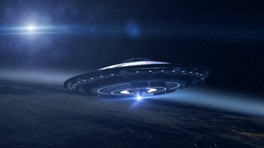 Uzaylı UFO 'su güneşin doğuşuyla birlikte bilim kurgu konsepti olan 4K, 2024, dış uzay görüşü üzerinde uçuyor.
