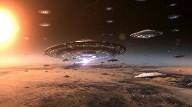 Birçok UFO, Dünya 'nın üzerinde bir ana gemiye doğru uçuyor. Uzaylı istilası bilim kurgu konsepti, 4K, 2024, uzay görüşü.