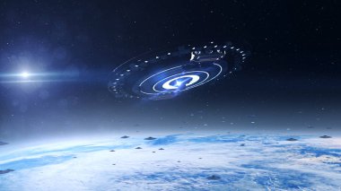 Uzaylı UFO 'sunun filosu dünya dışı istila bilim kurgu konsepti olan 4K 2024' ün üzerinde ana gemiye doğru uçuyor.