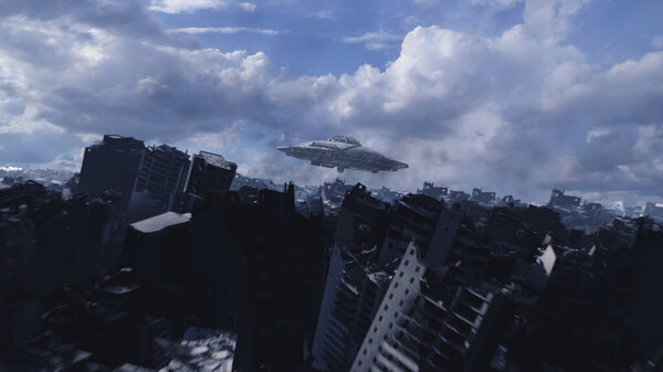Alien UFO saucer hovering above destroyed city, aerialCinematic view of Apocalyptic destroyed city and alien concept,sci-fi, 4K,2024