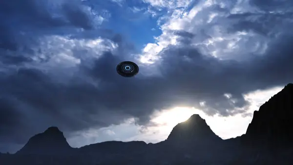 Ufo Metallic Saucer Crashing Snowy Mountains Aerial Cinematic Sic Concept — Stock Photo, Image