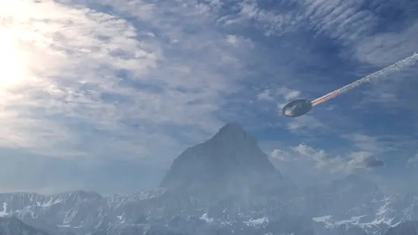 Ufo Metallic Saucer Crashing Snowy Mountains Aerial Cinematic Sic Concept — Stock Photo, Image