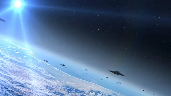 地球上を飛行するエイリアンソーサーUfoの艦隊 地球外の概念エイリアン侵略Sfコンセプト 2024 — ストック写真