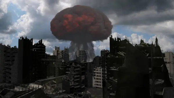 Grande Explosão Cogumelos Subindo Atrás Cidade Destruída Aerialcinematic Vista Cidade Fotos De Bancos De Imagens