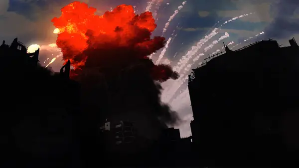 Grande Explosão Por Trás Cidade Destruídavista Cinematográfica Cidade Destruída Apocalíptica Fotos De Bancos De Imagens
