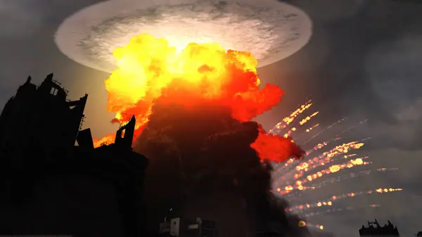 破壊された都市アポカリプスティック破壊された都市 2024の背後にある大きな爆発 ストック画像