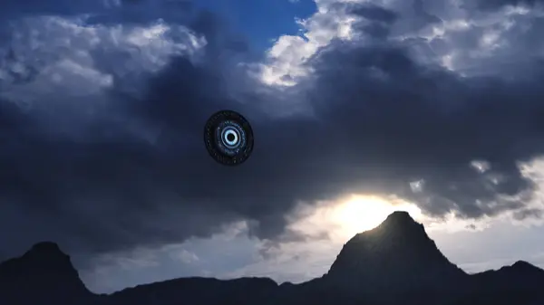 Ufo Metallic Saucer Crashing Snowy Mountains Aerial Cinematic Sic Concept Stock Image