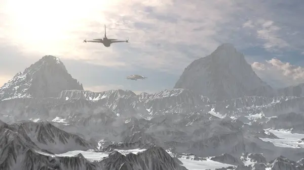 雪の景色で飛ぶ円盤を追いかけるジェット機 空気シネマティックフィーコンセプト 2024 ロイヤリティフリーのストック写真