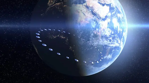 Armada Fleet Saucer Ufo Ring Formation Heading Earthalien Invasion Sci Stock Obrázky