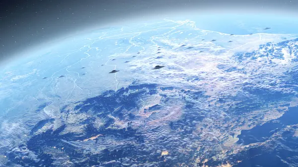 フライングソーサーUfoの艦隊が地球エイリアン侵略Sfコンセプト 2024 ロイヤリティフリーのストック画像