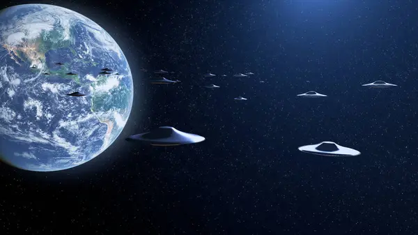 フライングソーサーUfoの先頭惑星地球 宇宙ビューエイリアン侵略Sfコンセプト 2024 ロイヤリティフリーのストック写真