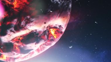 Uzayda asteroitlerle sıcak magma kanalları olan ölü bir yabancı yıldız.