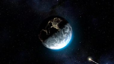 Göktaşı Dünya 'ya doğru uçuyor, kamera dönüyor.