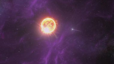 Yanıp sönen meteor güneşe doğru uçuyor mor nebula gazı