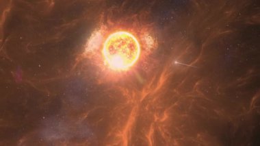 Güneşe doğru uçan izlerle yanıp sönen göktaşı, kamera yavaşça dönüyor.