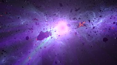 Meteor kayaları, güneşe yakın mor ışınlarla uzayın derinliklerinde uçuyor.