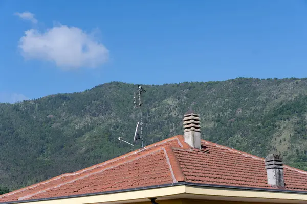 TV anteni ve kargası olan ev çatısı
