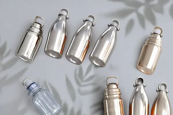 Tarafsız arka planda yeniden kullanılabilir su şişeleri. Sürdürülebilirlik, susuzluk ve sıfır atık yaşam tarzını temsil eden çevre dostu ve minimalist bir kavram. Ürün gösterileri, çevre kampanyaları, e-ticaret ve sağlıkla ilgili içerik için mükemmel