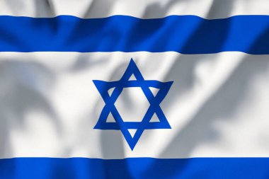 İsrail bayrağı bulutlu mavi gökyüzüne doğru dalgalanıyor. İsrail 'in ulusal kimliği, mirası ve gururunun sembolü