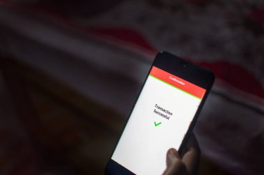 Cep telefonu uygulaması kullanan bir kadın mobil bankacılık hizmeti aracılığıyla banka transferini onaylıyor. Seçici odak.