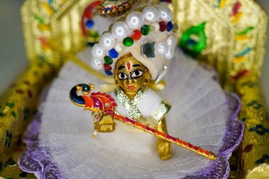 Hindu tanrısı Lord Krishna 'nın heykeline yaklaş. Janmashtami festivalinde tahtında oturan Bal Gopal olarak da bilinir. Beyaz arka planda Tanrı Krishna 'ya odaklan.