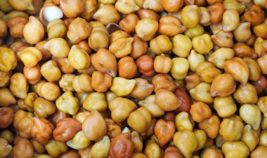 Saf beyaz bir zemin üzerinde küçük bir yığın kahverengi chana. Koyu kahverengi, yuvarlak ve biraz sert, toprak aromalı ve ceviz aromalı, doyurucu bir tadı var..